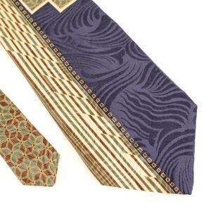 Henry Grethel‎ Green Brown Abstract Jacquard Print Short Wide Italian Silk Tie